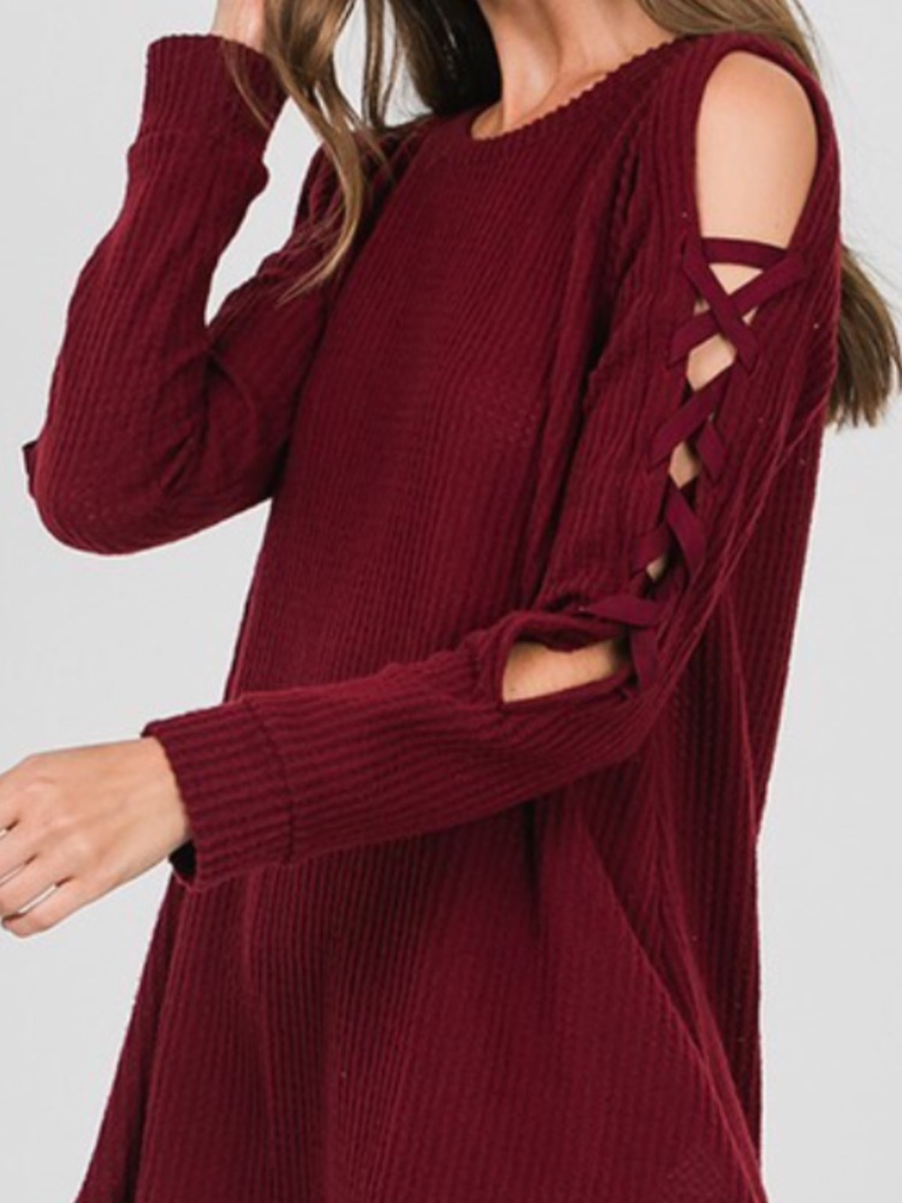 Women’s Cold-Shoulder Lace-Up Sweater - Burgundy